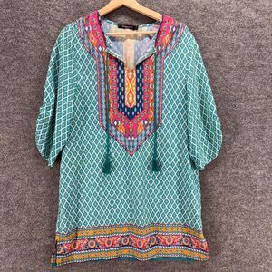 Urban CoCo Mini Dress Women M Medium Blue Geometric Short V-Neck Tasseled Casual